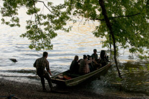 Group in boat landing on Sycamore Island conservation area.
