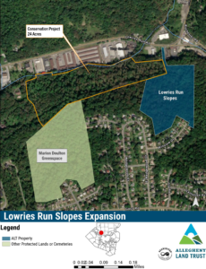 A map of the Lowries Run Slopes Expansion Project, which would connect ALT's Lowries Run Slopes with Ross Township's Marion Doulton Green Space along Lowries Run stream and road.